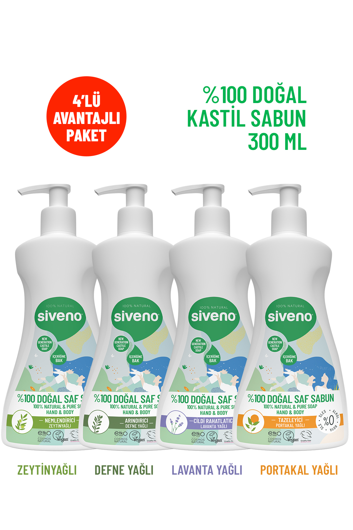 Siveno %100 Doğal Sıvı Kastil Sabun Zeytinyağ Defne Portakal Lavanta Vegan 300 ml Karma Set - Fiyatı, Yorumları