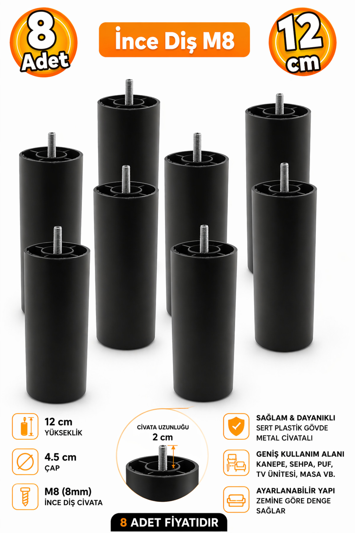 Furniture Sofa Base Upgrade M8 Bolted Thin Tooth Support Legs Black 12 Cm 8 Pcs