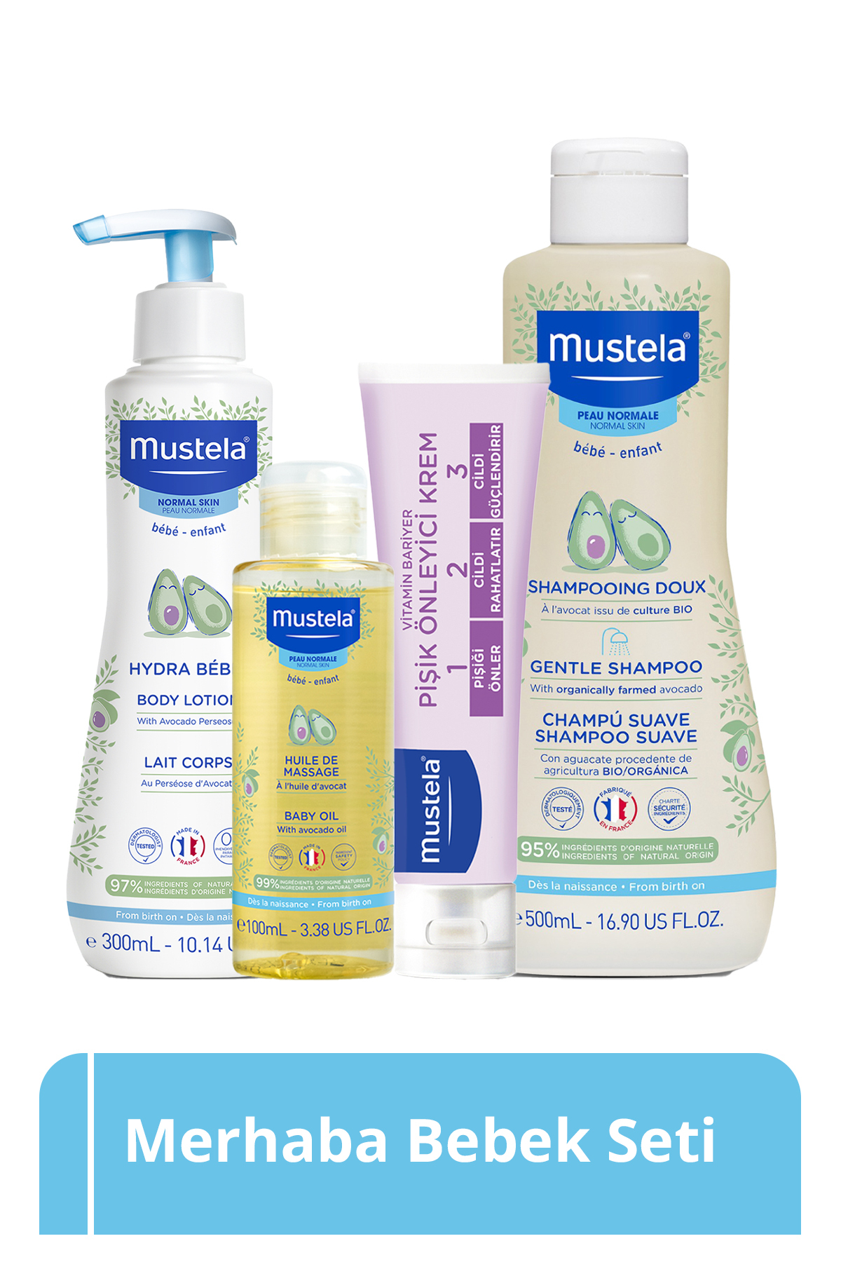 Mustela Merhaba Bebek Seti Papatya Şampuan 500 ml, Pişik Kremi 50 ml,Masaj Yağı ve Hydra Bebe Losyon 300 ml