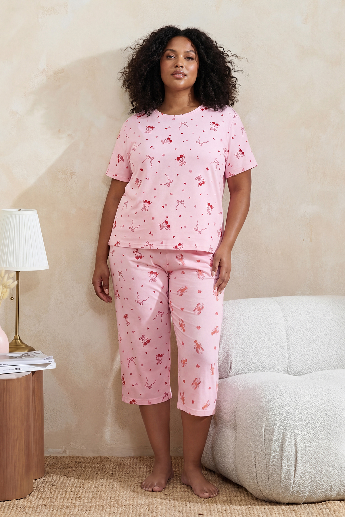 Trendyol Curve Gestricktes Pyjama-Set in Übergröße mit rosa Band TBBSS26AI00011