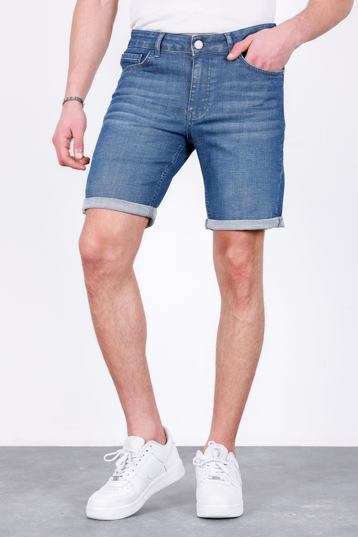 Men's Grinding Casual Cut Lycra Stretchy Blue Jean Denim Jeans Shorts Hlthe001955