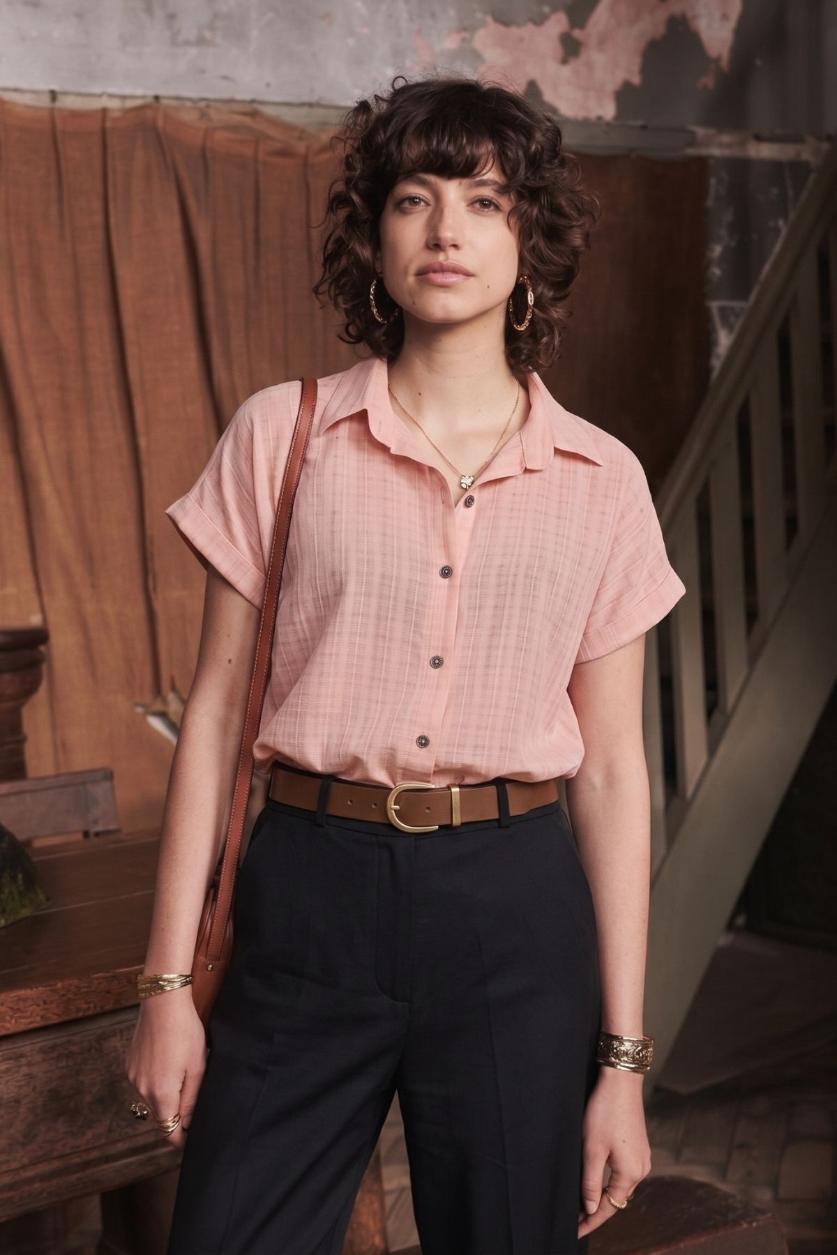 Women's Beige Short Sleeve Shirt arm-19Y001088