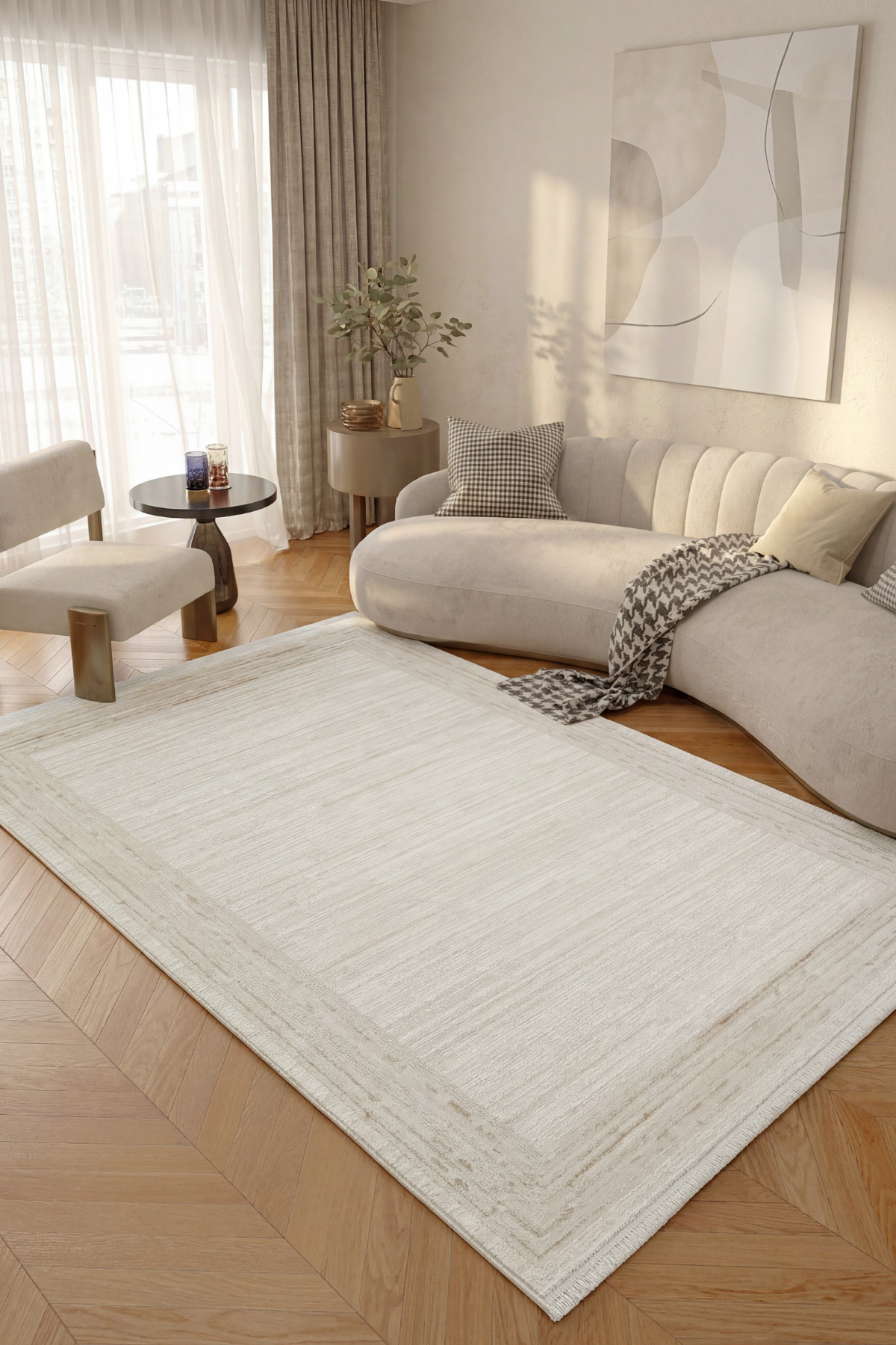 Arezzo Beige Classic Framed Soft Acrylic Cotton Sole Machine Woven Living Room Living Room Rug