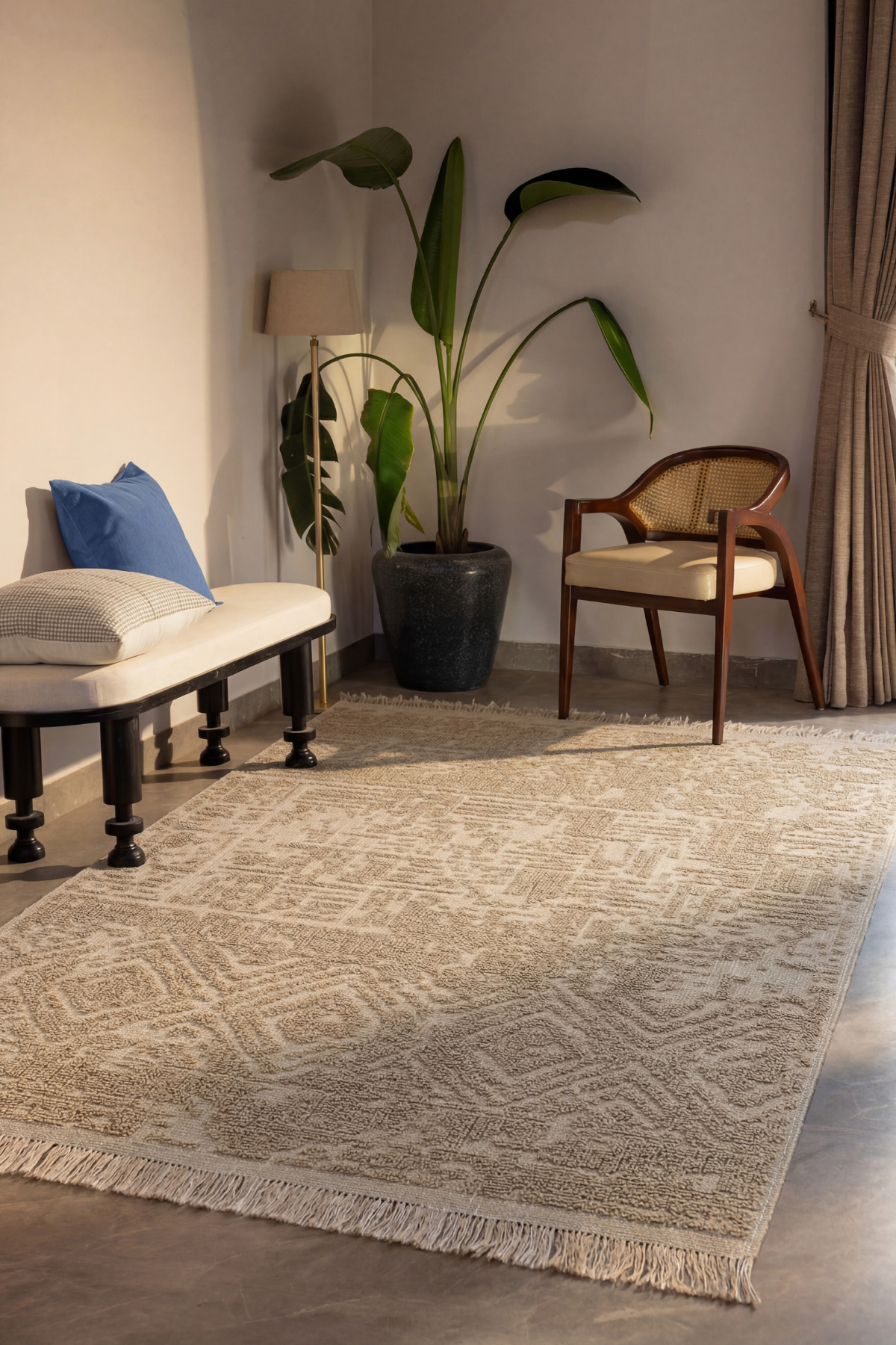 Rustica Beige Jute Carpet Bohemian Antique Vintage Ethnic Pattern Scandinavian Style Non-Slip Decorative Jute Rug