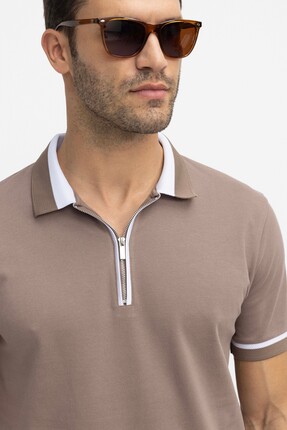 Tudors Erkek Slim Fit Dar Kesim %100 Pamuk Düz Pike Fermuarlı Kahverengi Polo...