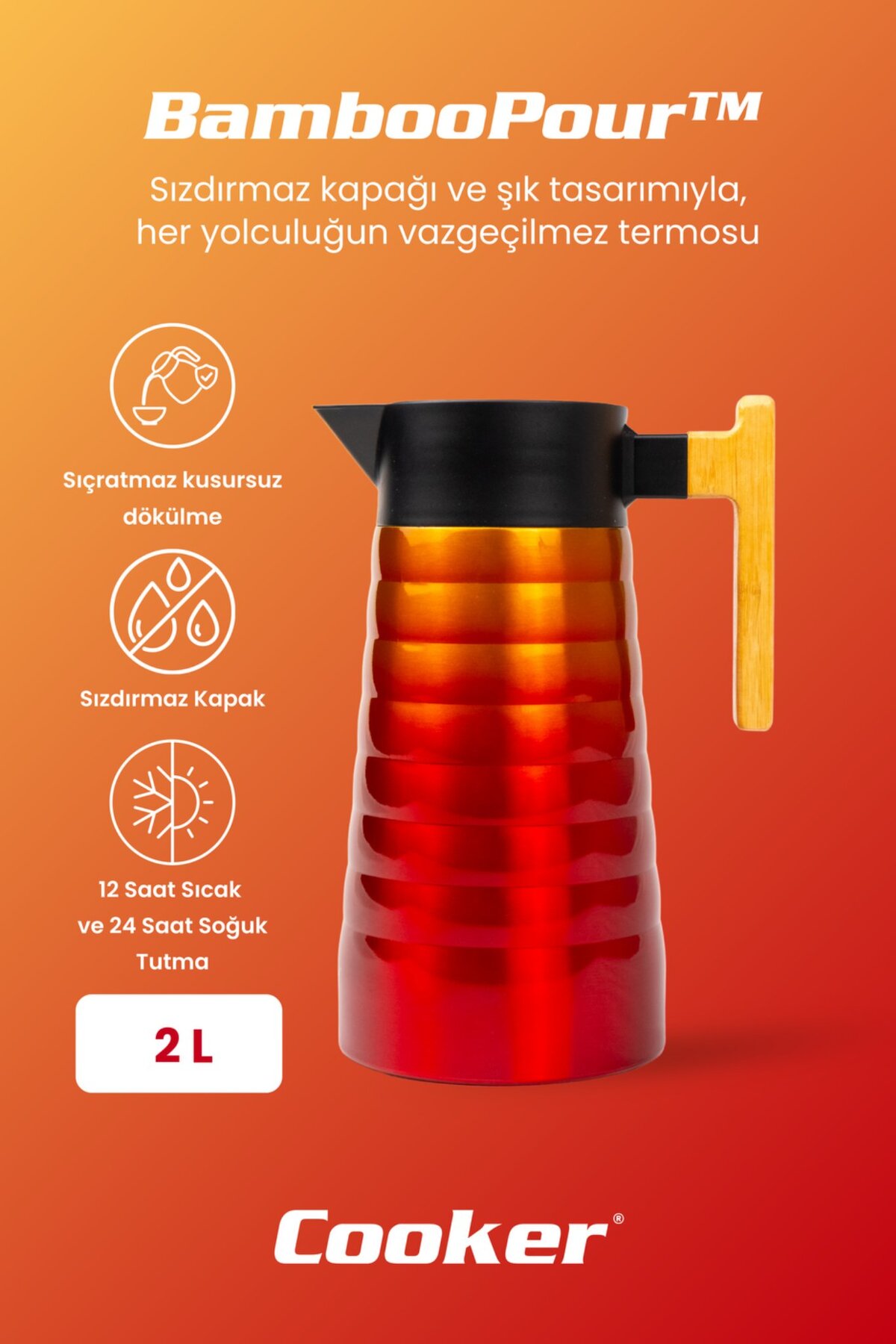 فلاسک Cooker استیل 2 لیتر BambooPour با دسته بامبو CKR2097 اورجینال - تصویر 2