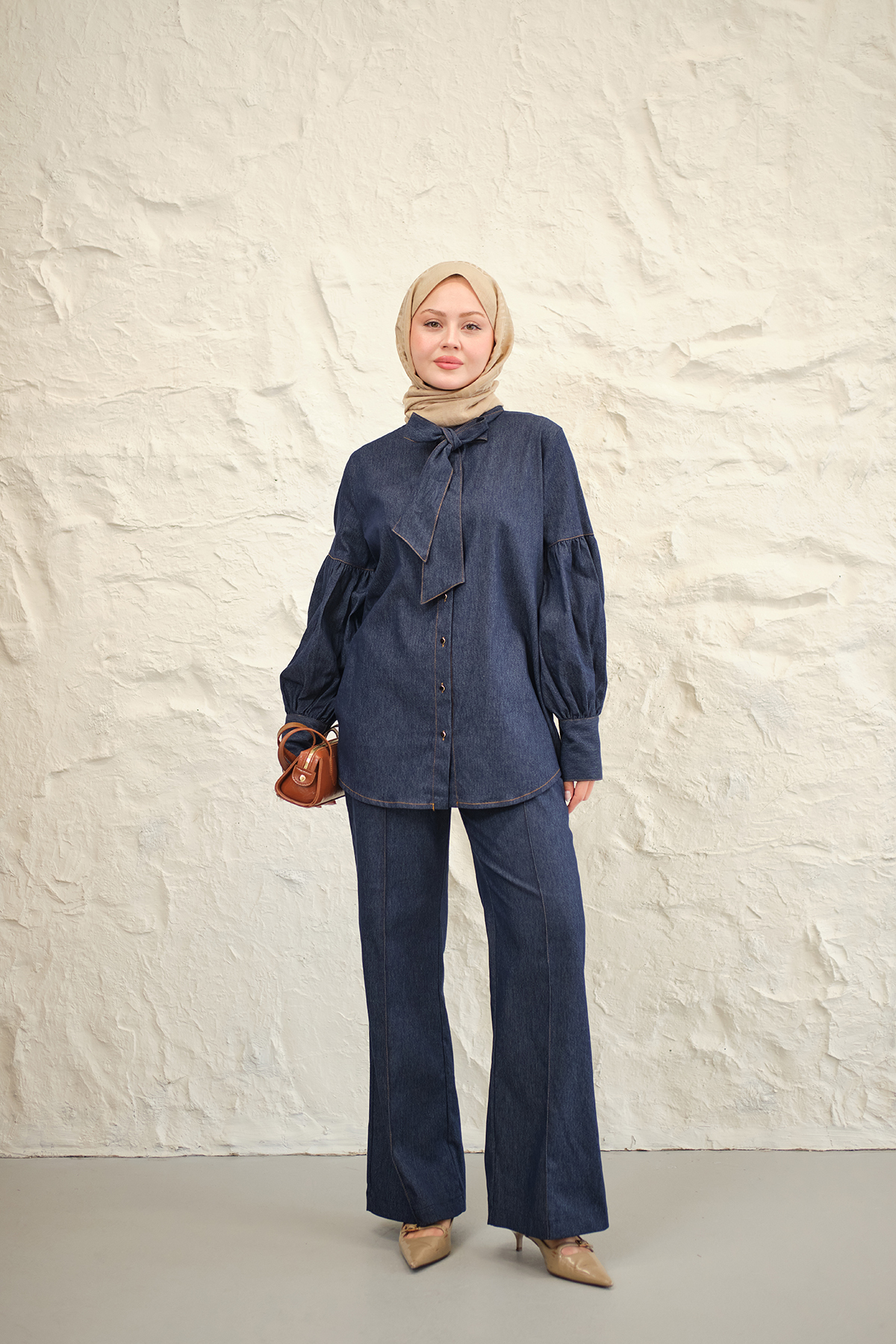 Women's Sleeve Shirred Button Detail Collar Tied Denim Pants Set Navy