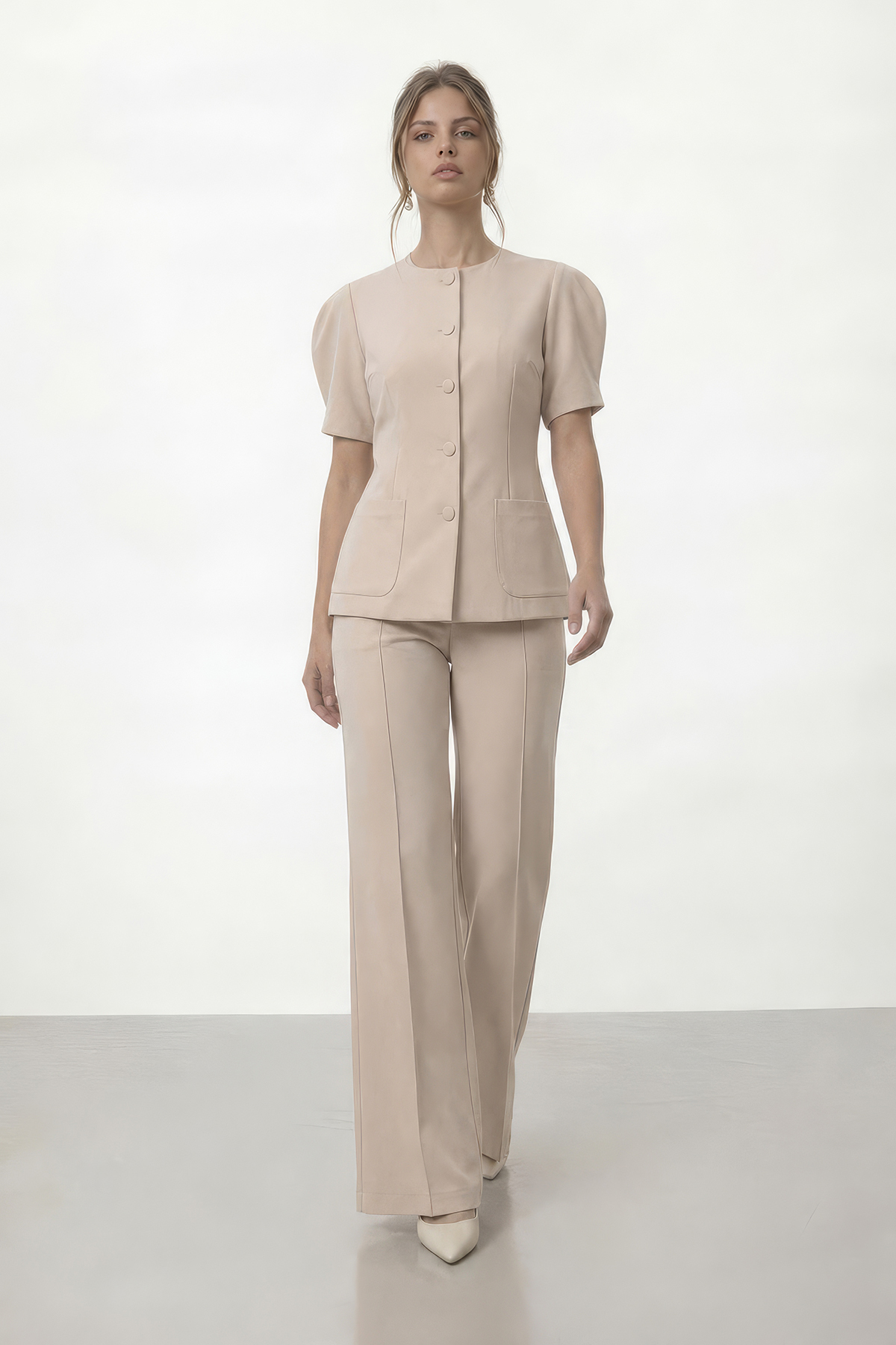 Buttoned Double Pocket Jacket and Flare Pants Set