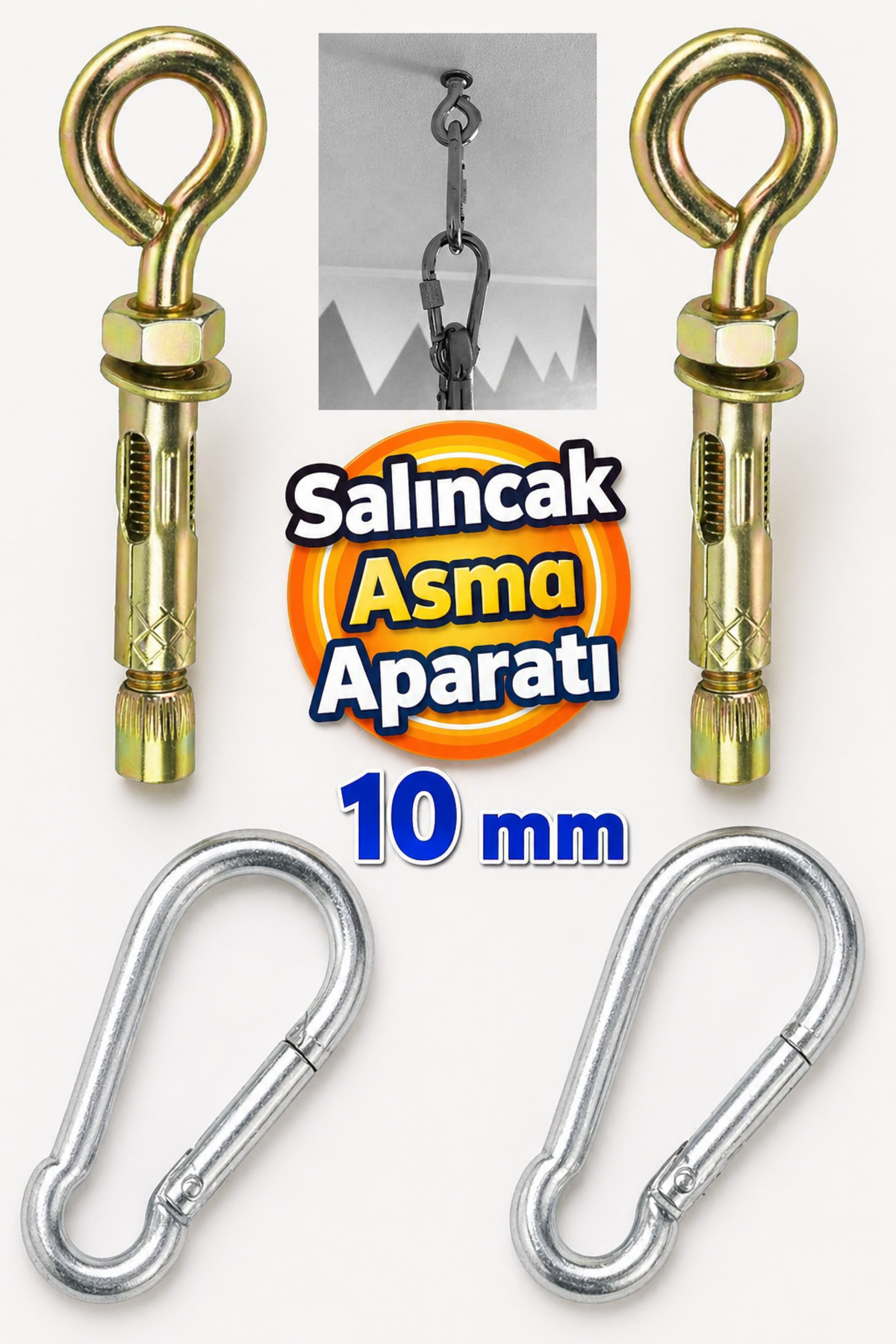 Badem10 2'li Salıncak Hamak Box Torbası Tavan Asma Aparatı Salıncağı Çelik Dübel Karabina Kanca Takımı 10 Mm