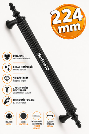 Badem10 Ovacık (224 MM - 22.4 CM) Metal Mat Siyah Mobilya Mutfak Çekmece Dola...