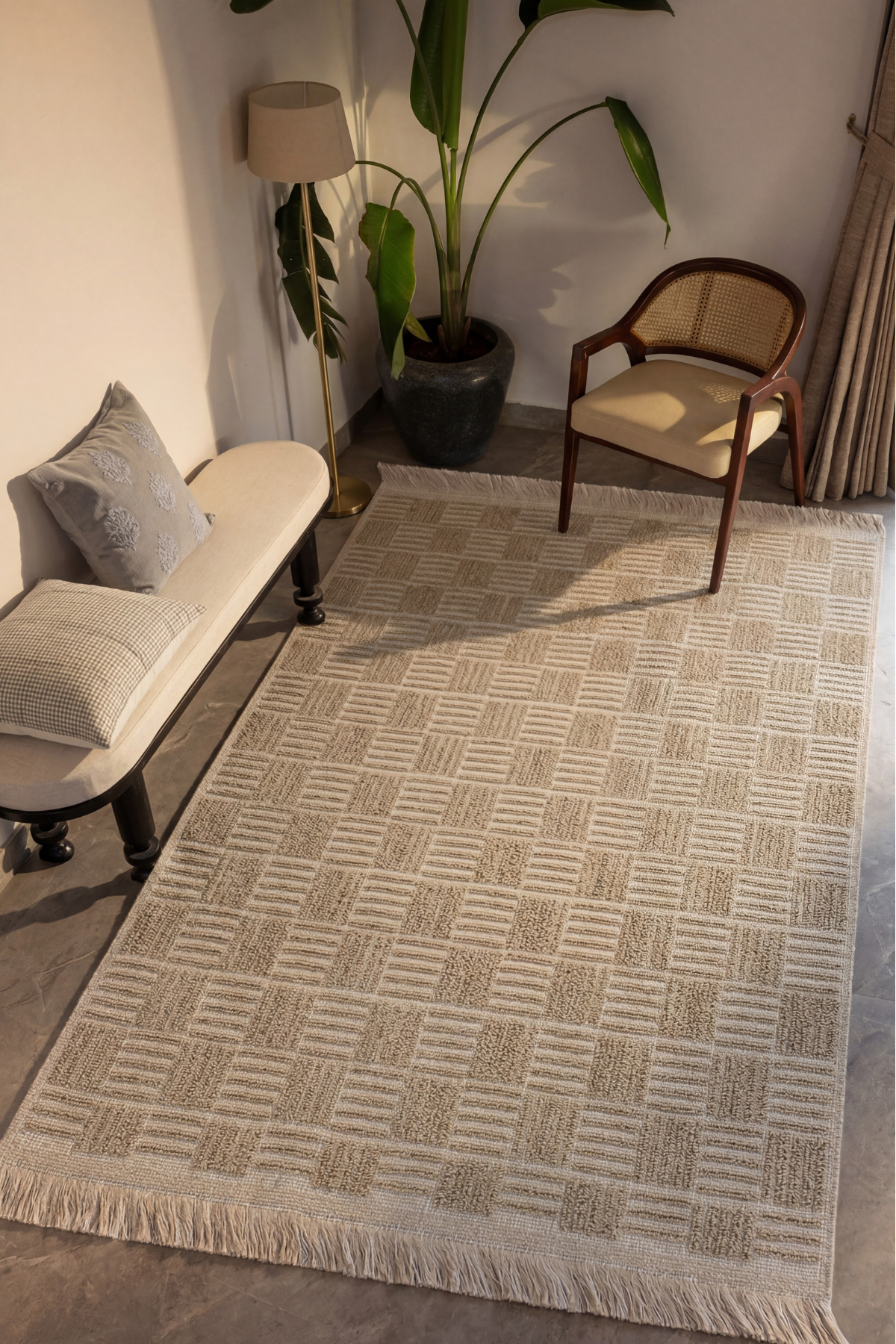 Rustica Beige Jute Carpet Rug Modern Embossed Bohemian Anti-Slip Base Wicker Entry Hallway Rug Runner