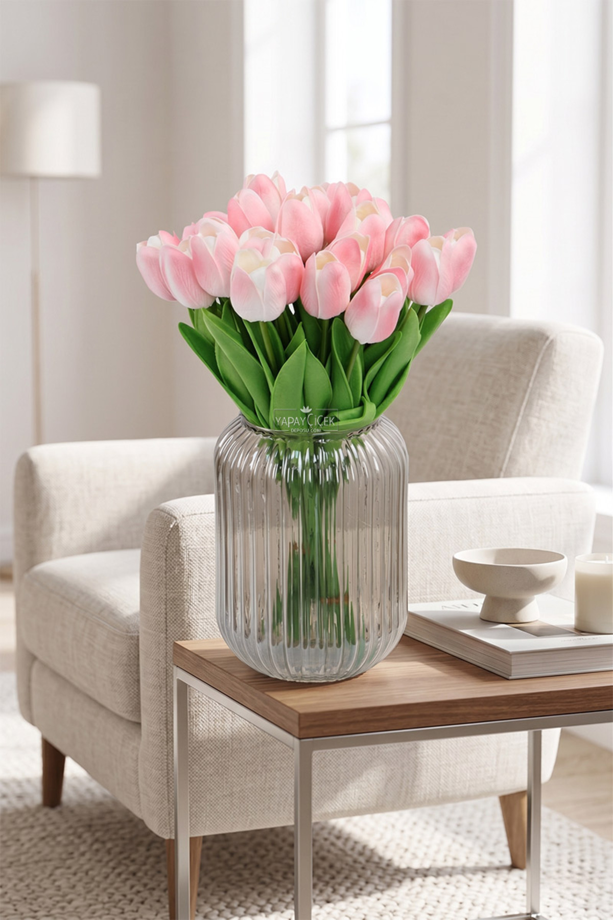 Artificial 8-Piece Wet Tulip Bouquet Real Texture Light Pink