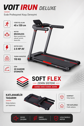 Voit I Run Delux Koşu Bandı, 20 Kademe Eğim, Brushless, Katlanabilir, 15 Km/S...