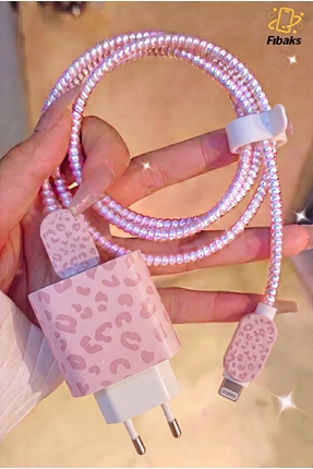 Fibaks iPhone 18W/20W/25W Pembe Leopar Şarj Aleti Koruyucu Şarj Kablosu Örme ...