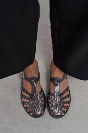NİŞANTAŞI SHOES Anderline Siyah Simli Kemer Detay Kadın Sandalet
