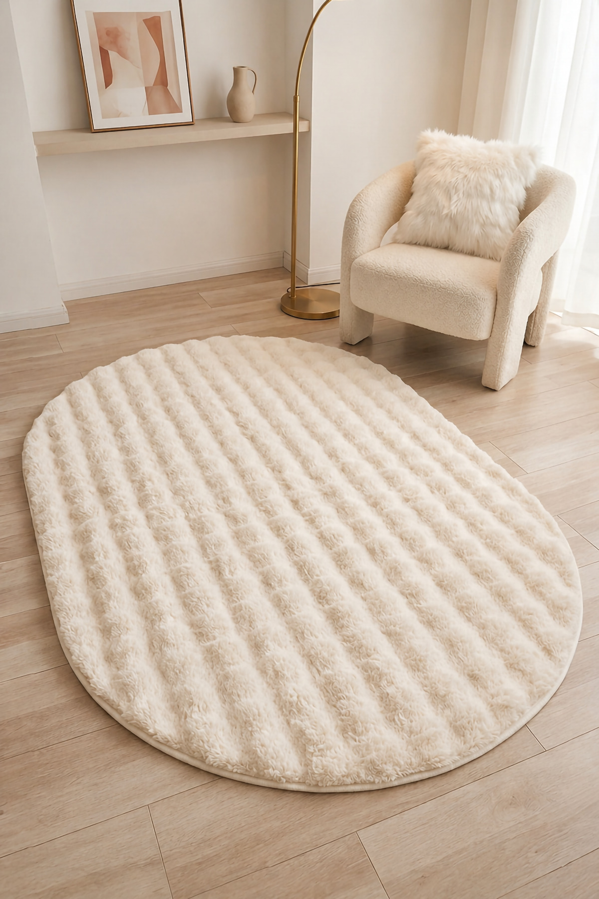 Oval Plush Carpet Cream Anti-Slip Base Washable Soft Living Room Bedroom Rug
