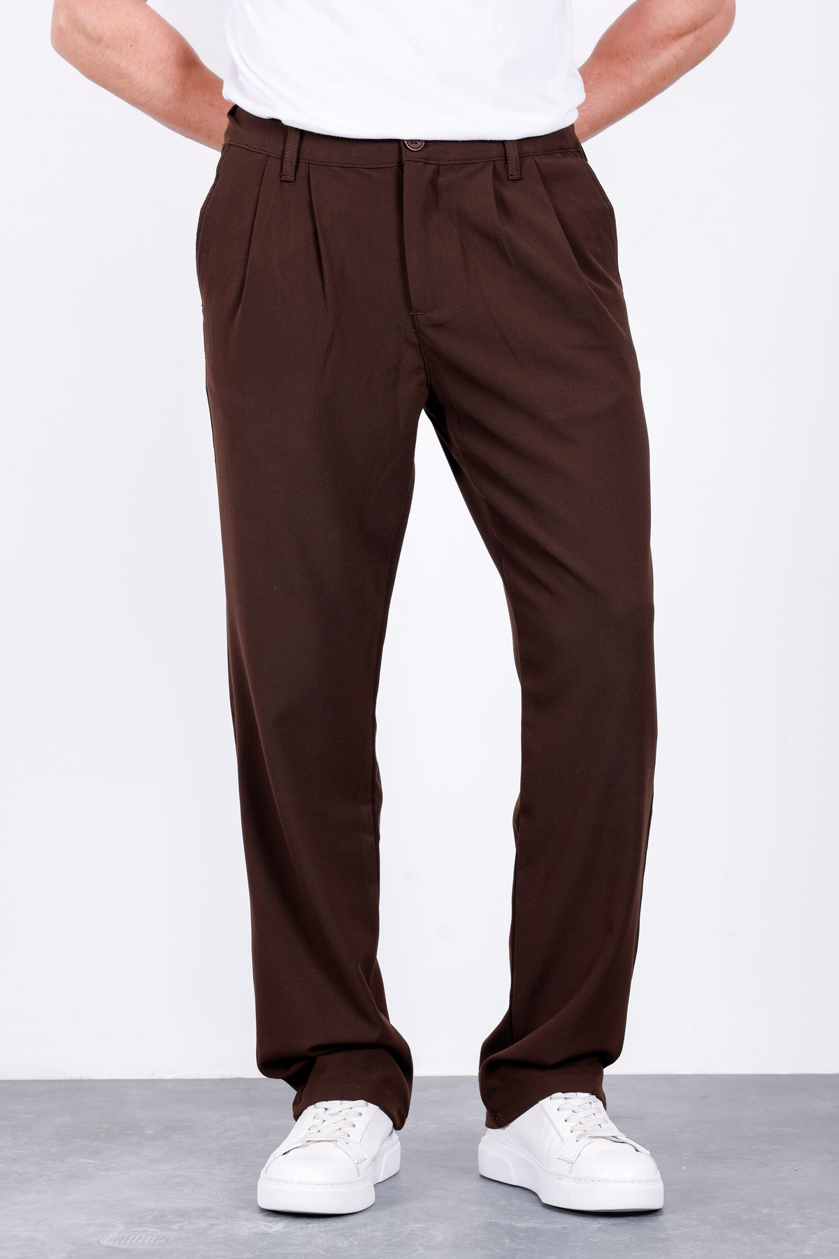 Men's Brown Double Pleated Casual Cut Waist Elastic Wide Leg Baggy Pants Albert-1992