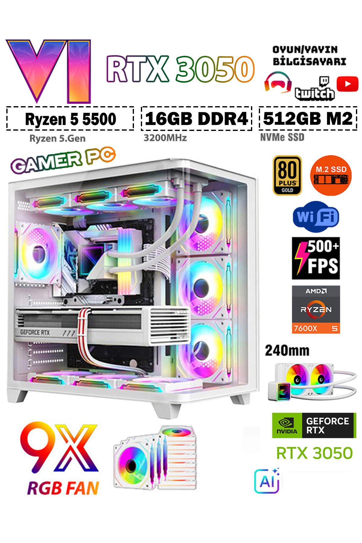 Legacy X7 Ryzen 5 5500 16GB 512GB M.2 SSD RTX3050 Liquid Cooled Gaming Desktop