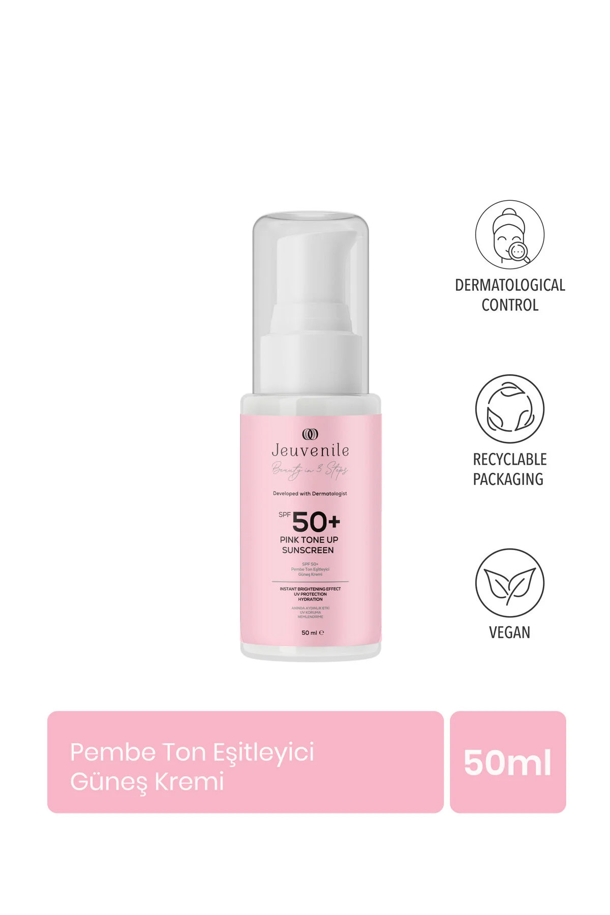 Jeuvenile SPF 50+ Pembe Güneş Kremi – Renk Tonu Eşitleyici, Centella + Meyan Kökü + Kalamin — JV080