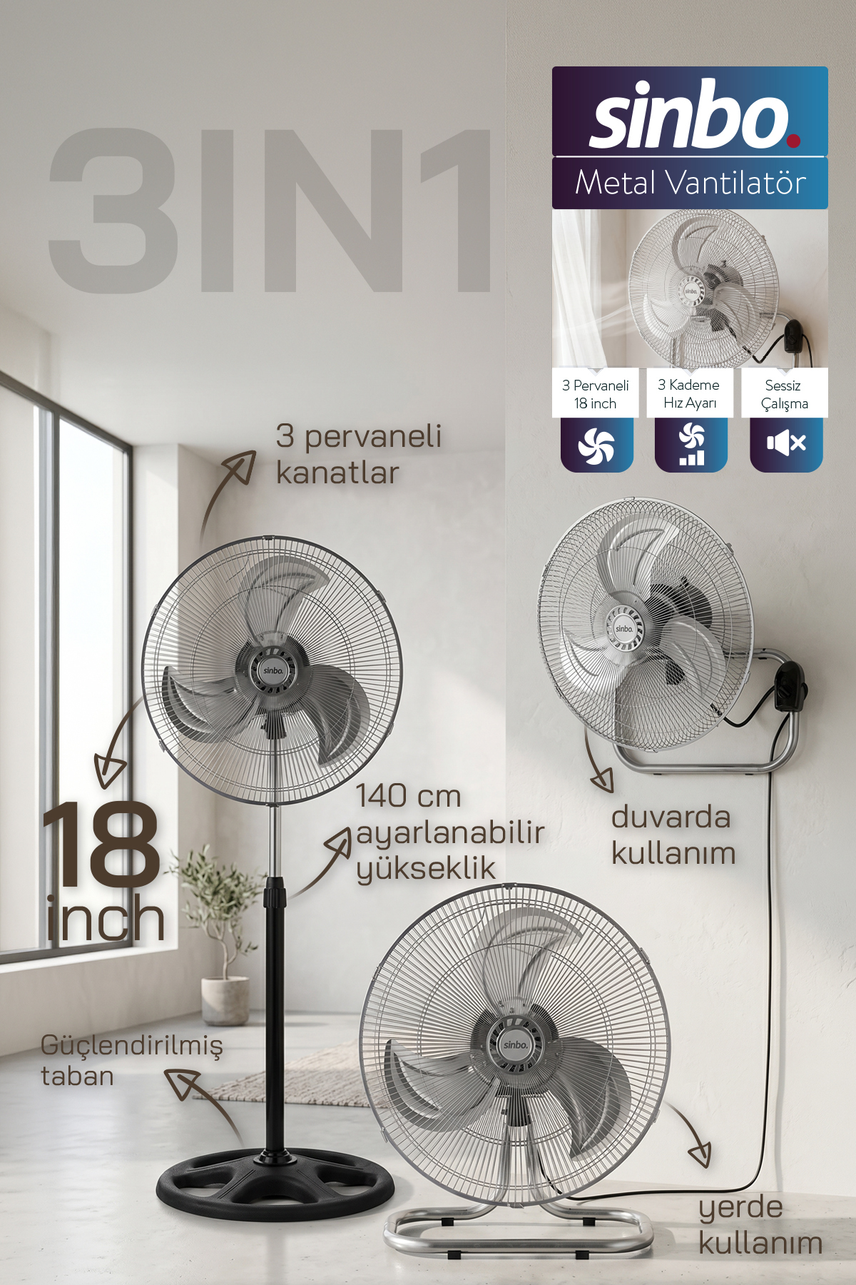 SF-6791 Industrial Ventilator 18 Inch 90W 3in 1 Standing Wall Mounted Floor Mounted Powerful Fan
