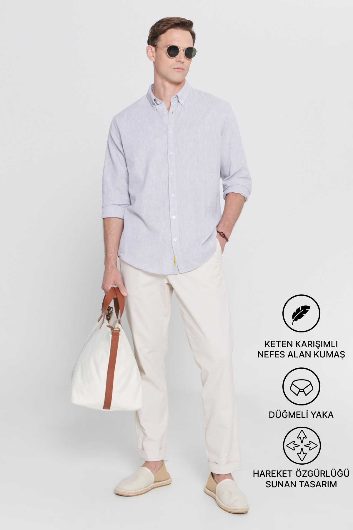 Men's Gray Linen Comfort Fit Comfortable Cut Buttoned Neck Casual Shirt