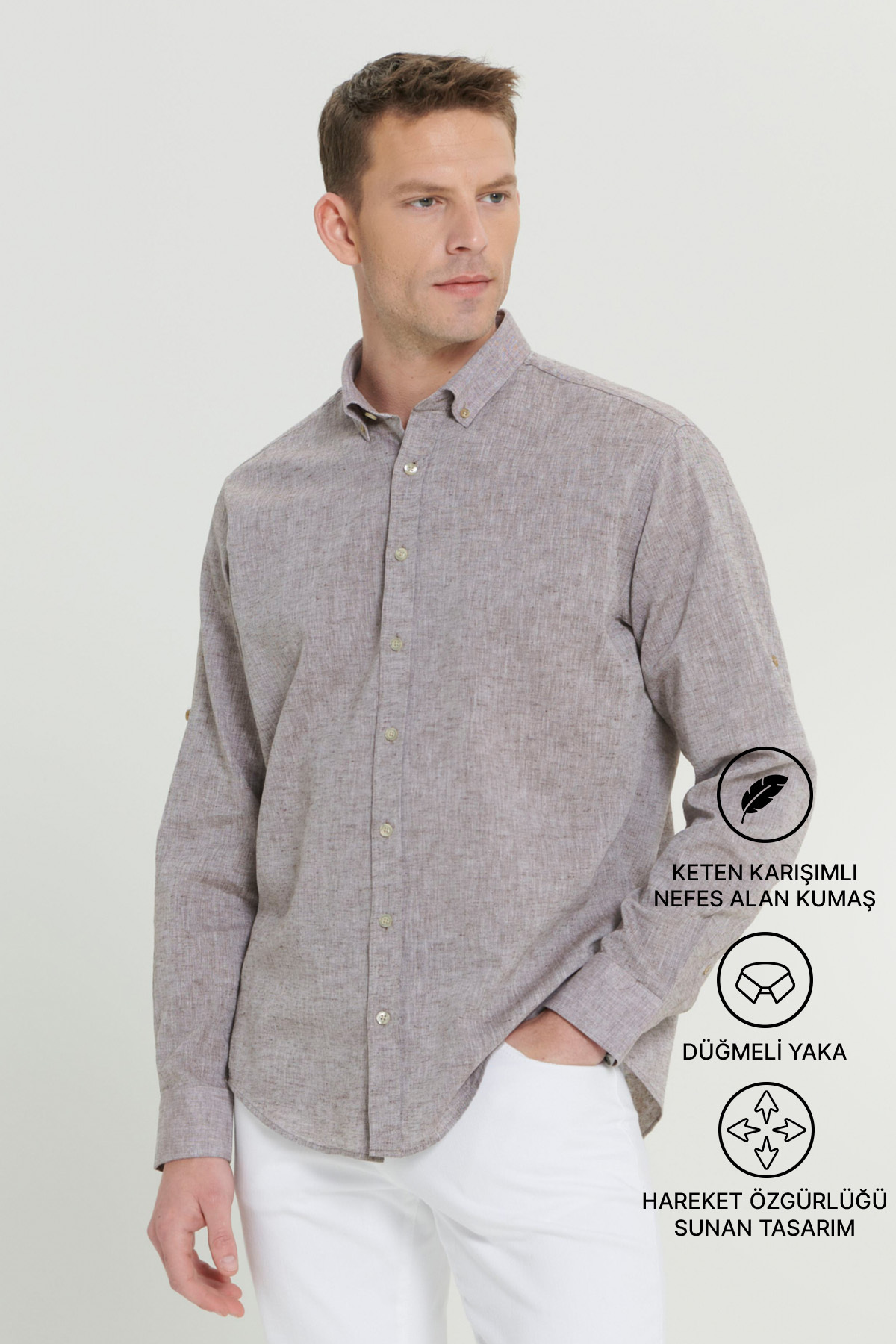 Men's Brown Linen Comfort Fit Comfortable Cut Buttoned Collar Casual Shirt