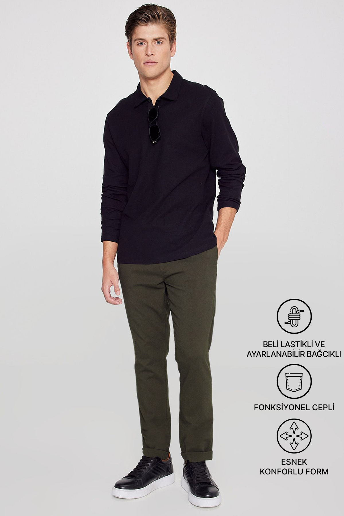 Men's Khaki Non-Knee Tie Waist Jogger Pants with Side Pockets Slim Fit Comfortable Cut
