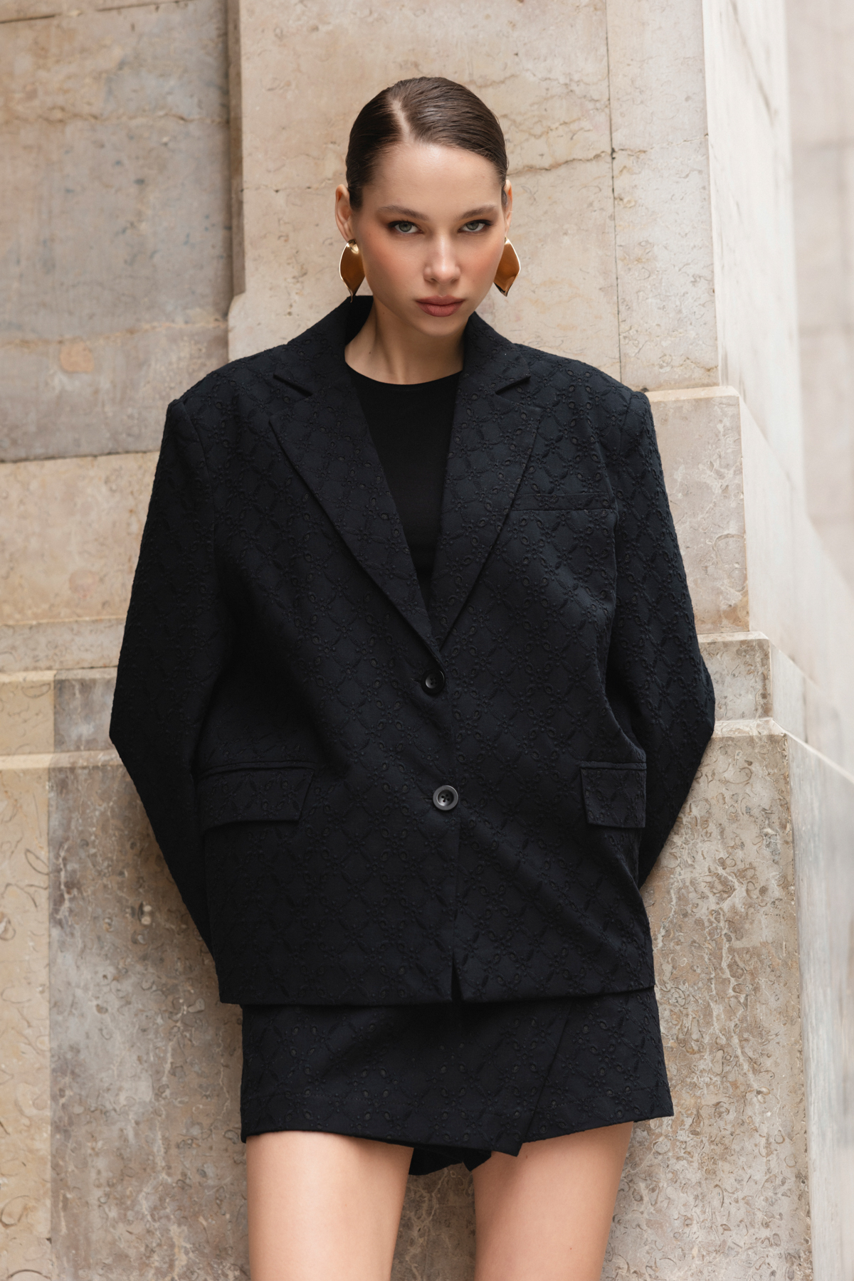 Trendyolmilla Siyah Kendinden Desenli Astarlı Oversiz Blazer Ceket TWOSS26BC00057