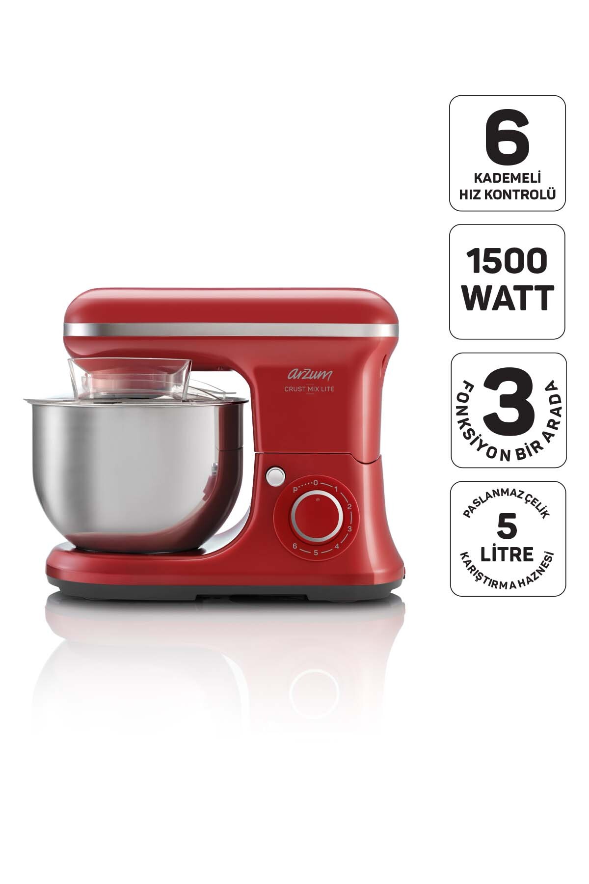 AR1189 Crust Mix Lite Stand Mixer 1500W, Dough Kneader with 5L Chamber, 3 Apparatus, Red