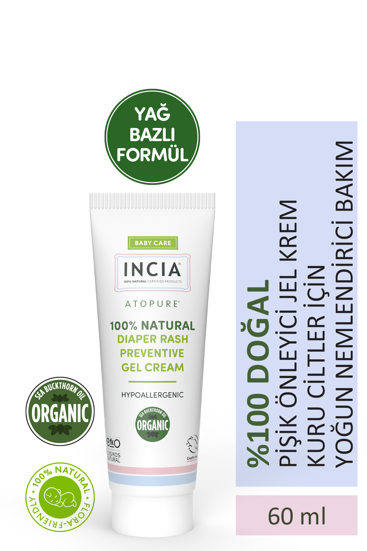 INCIA ATOPURE ® %100 Doğal Pişik Önleyici Jel Krem Organik Yalancı İğde Bakım Kremi Bitkisel 60 ml - Fiyatı, Yorumları
