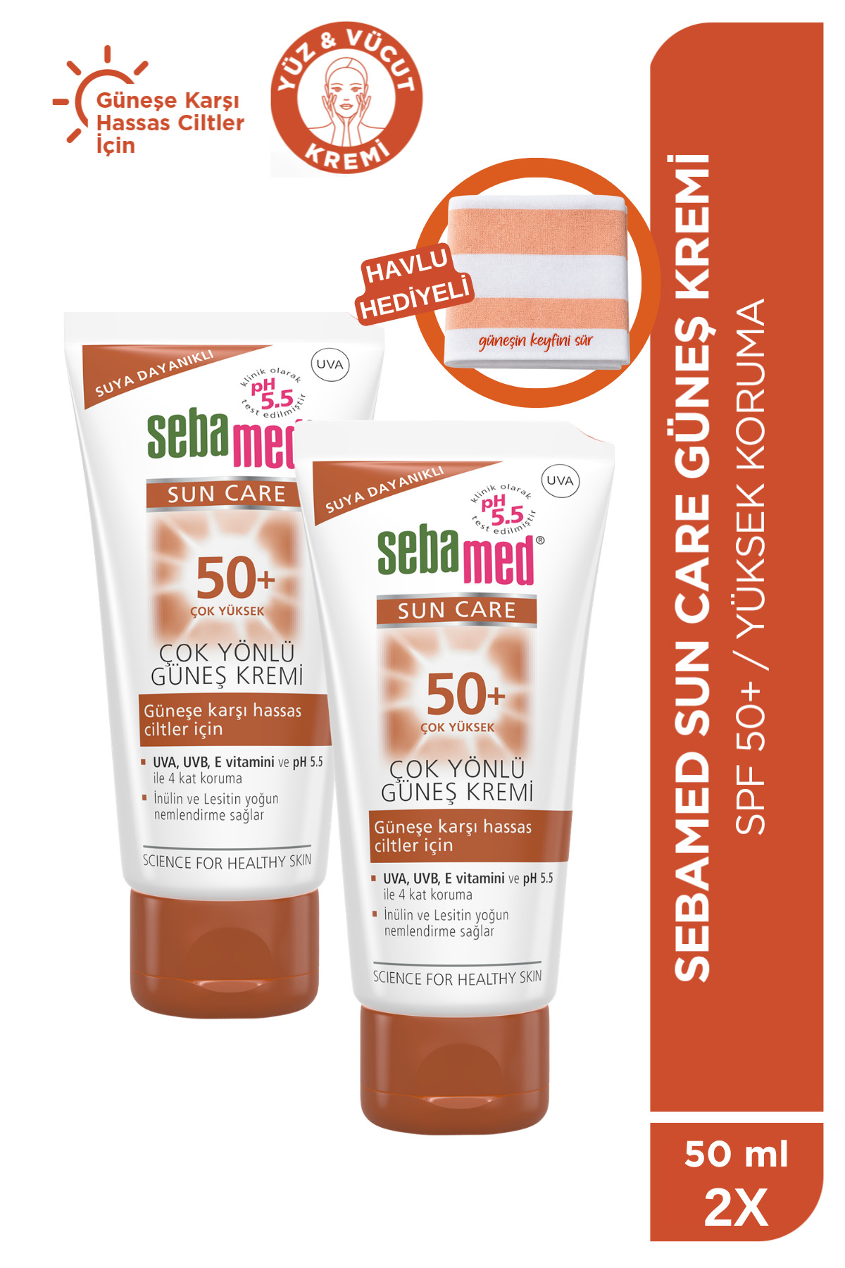Sebamed سبامد ست هدیه حوله ساحلی فیلتر UVA و UVB با محافظت بالا و سهگانه، کرم ضد آفتاب SPF 50+، حجم ۵۰ میلیلیتر × ۲ عدد - SBMDGNS50MLX2ST