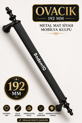 Badem10 Ovacık (192 MM - 19.2 CM) Metal Mat Siyah Mobilya Mutfak Çekmece Dola...