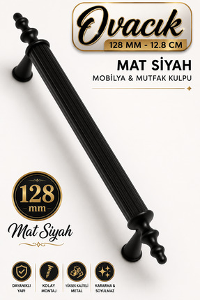 Badem10 Ovacık (128 MM - 12.8 CM) Mat Siyah Mobilya Mutfak Çekmece Dolap Dola...