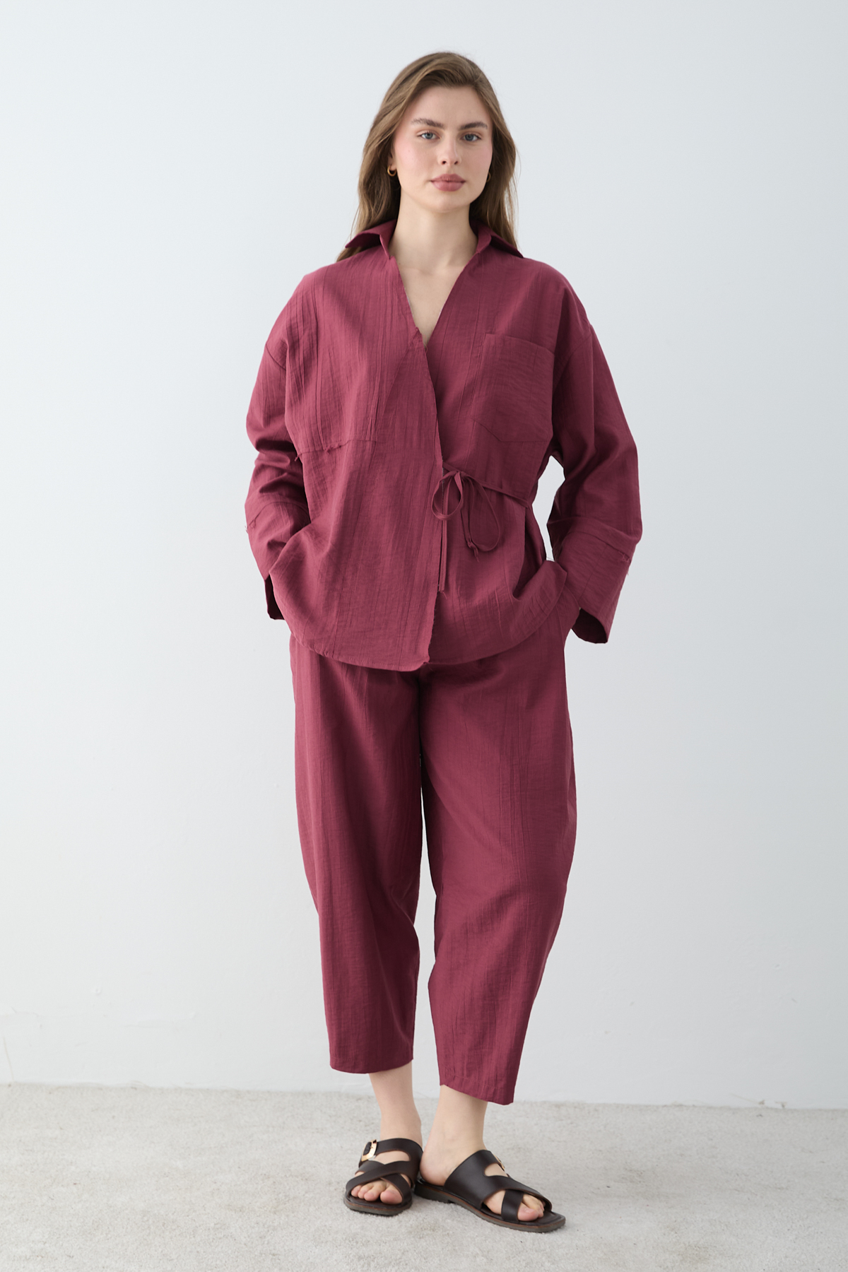 Trendyolmilla Bordo Kruvaze Bluz Pantolon Takım TWOSS26AU00256