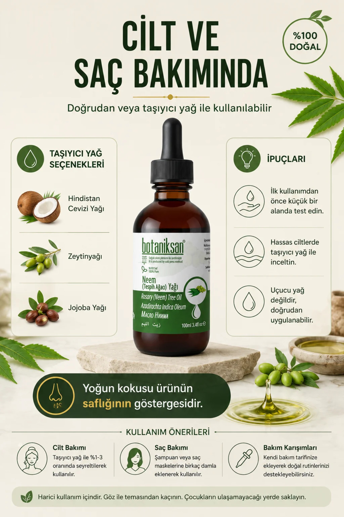 Neem Yağı 100ml - Tesbih Ağacı Soğuk Sıkım, Cilt & Saç & Bitki Bakımı İçin %100 Saf — TESBIHAGACIYAGI100ML — تصویر 4 از 8
