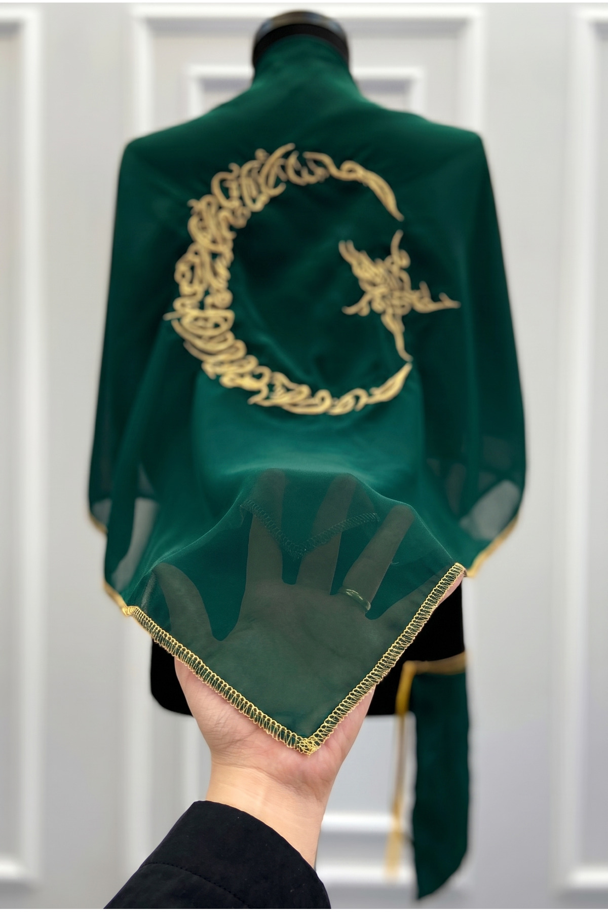 Square Green Chiffon Groom Shoulder Cover, Gold Ayyıldız Embroidered Glitter Edge, Best Man Bridesmaid Henna Soldier Veil