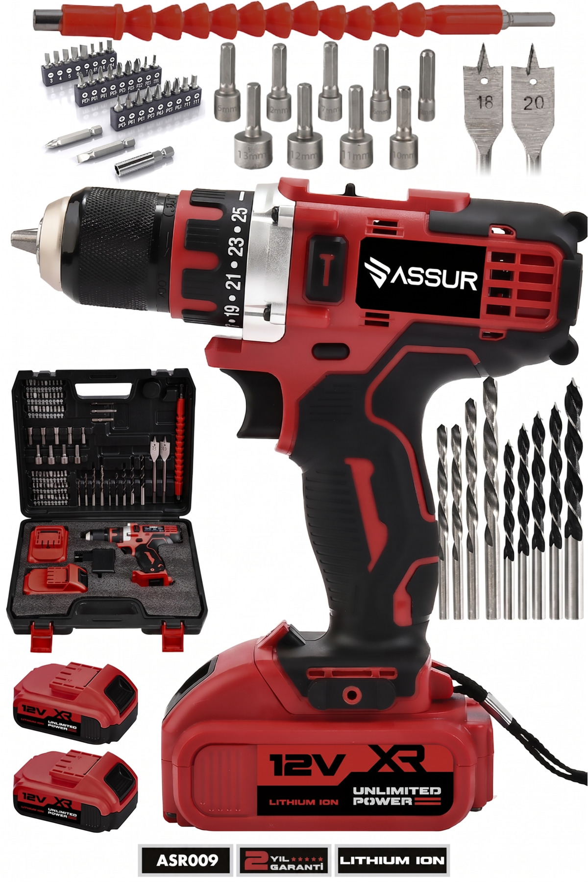 12V Dual Battery Powered Led Lighted Steel Chuck Cordless Screwdriver Cordless Drill Set with Carrying Case