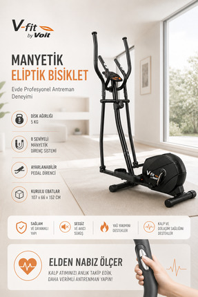 Voit V-fit By Voit Manyetik Eliptik Bisiklet Sessiz Çalışan Elden Nabız Ölçer...