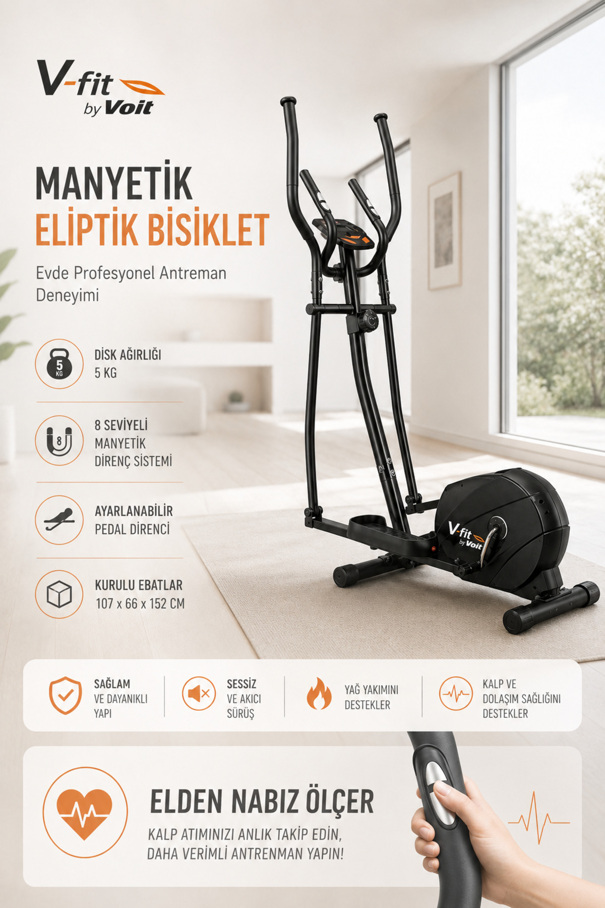 V-fit By Voit Magnetic Elliptical Bike Quiet Running Hand Pulse Conditioner
