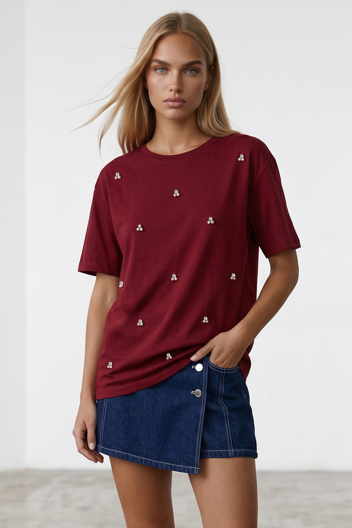 Burgundy Crew Neck Oversized Pearl and Stone Embroidered T-Shirt ALC-X11964