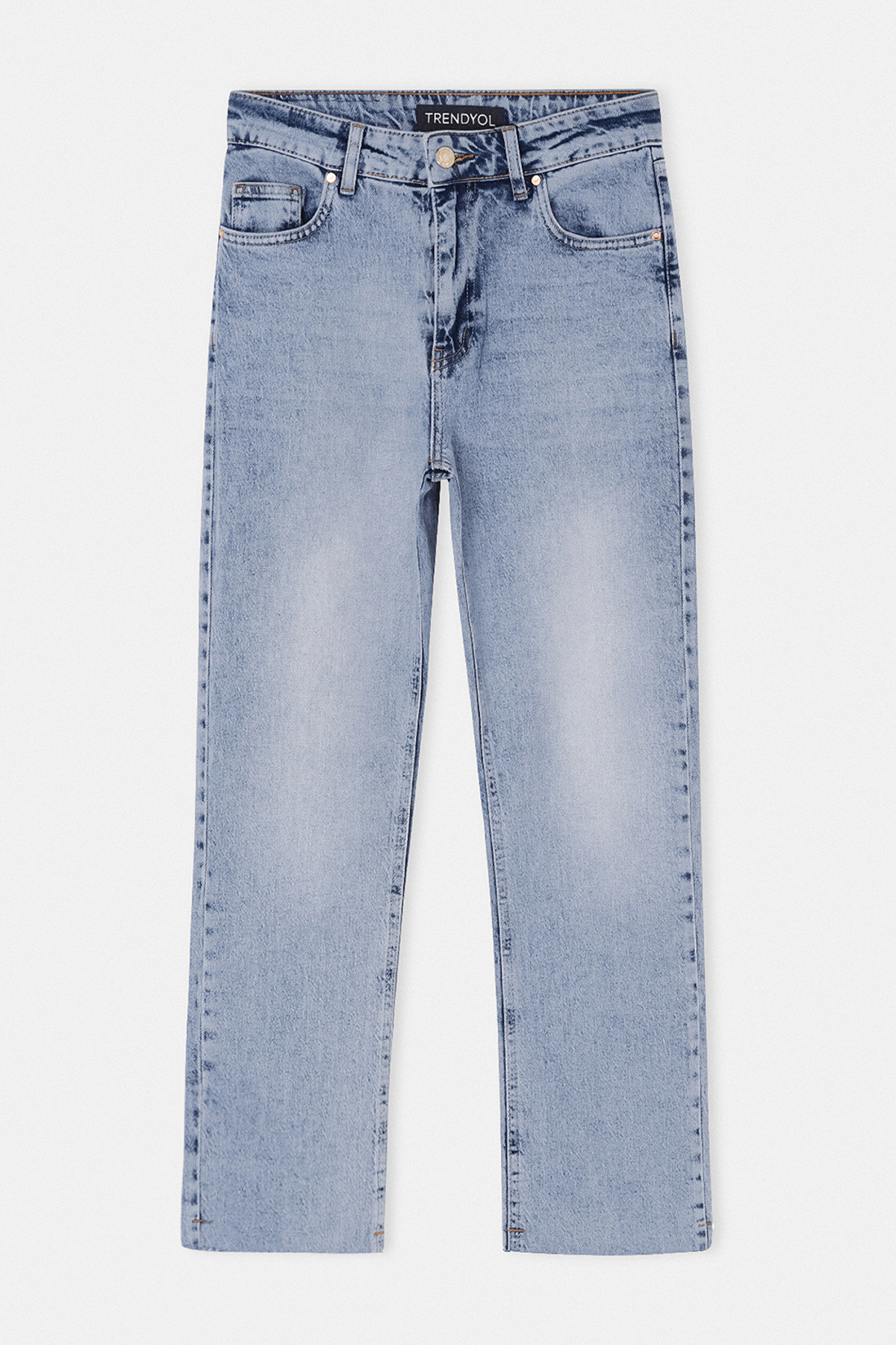 Drop by Trendyolmilla Buz Mavisi Dar Kalıp Kesik Paça yüksek Bel Orta Likralı Denim TDRSS26PL00035