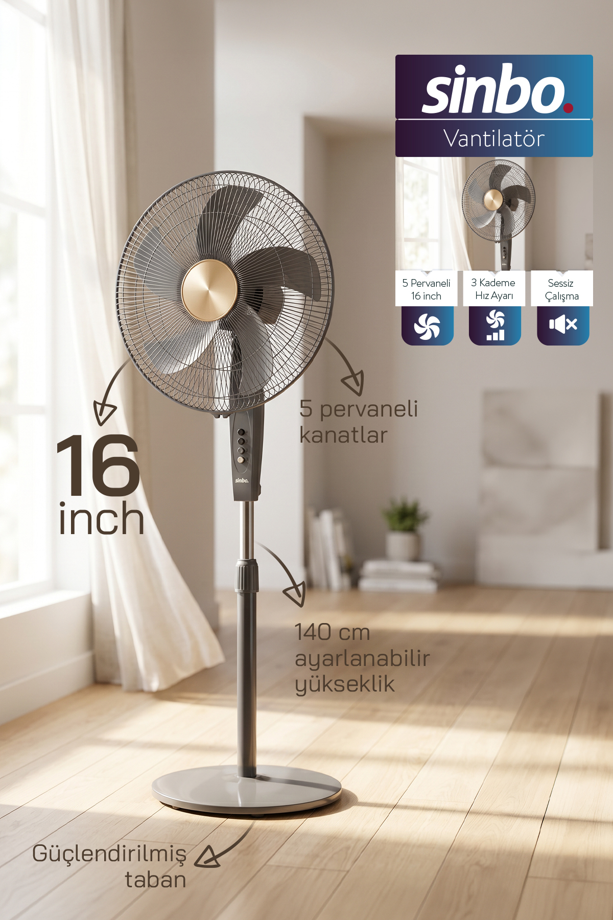 SF-6788 Standing Fan 16 Inch 60W Silent Fan 3 Stage Height Adjustable Powerful