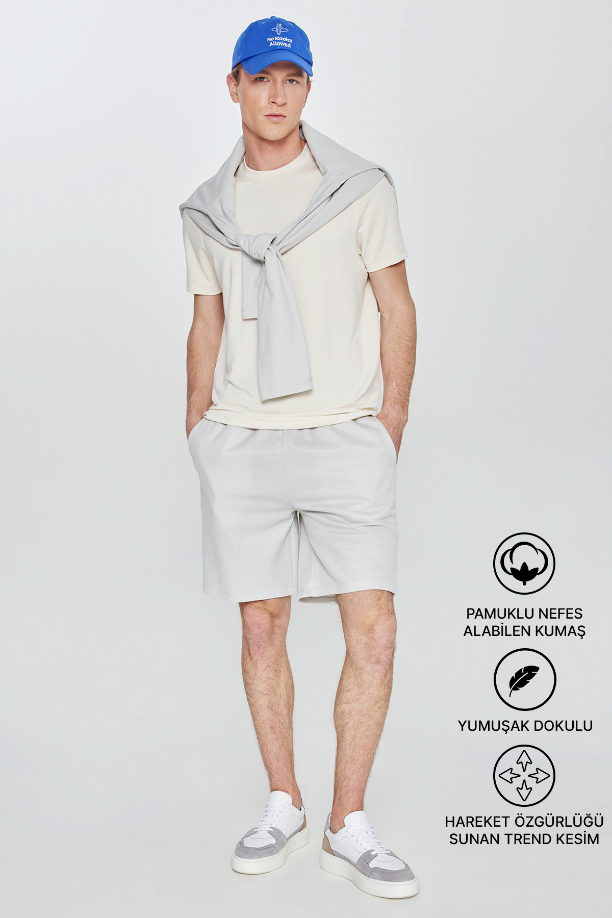 Men's Gray Cotton Standard Fit Knitted Shorts with Tied Waist and Side Pockets