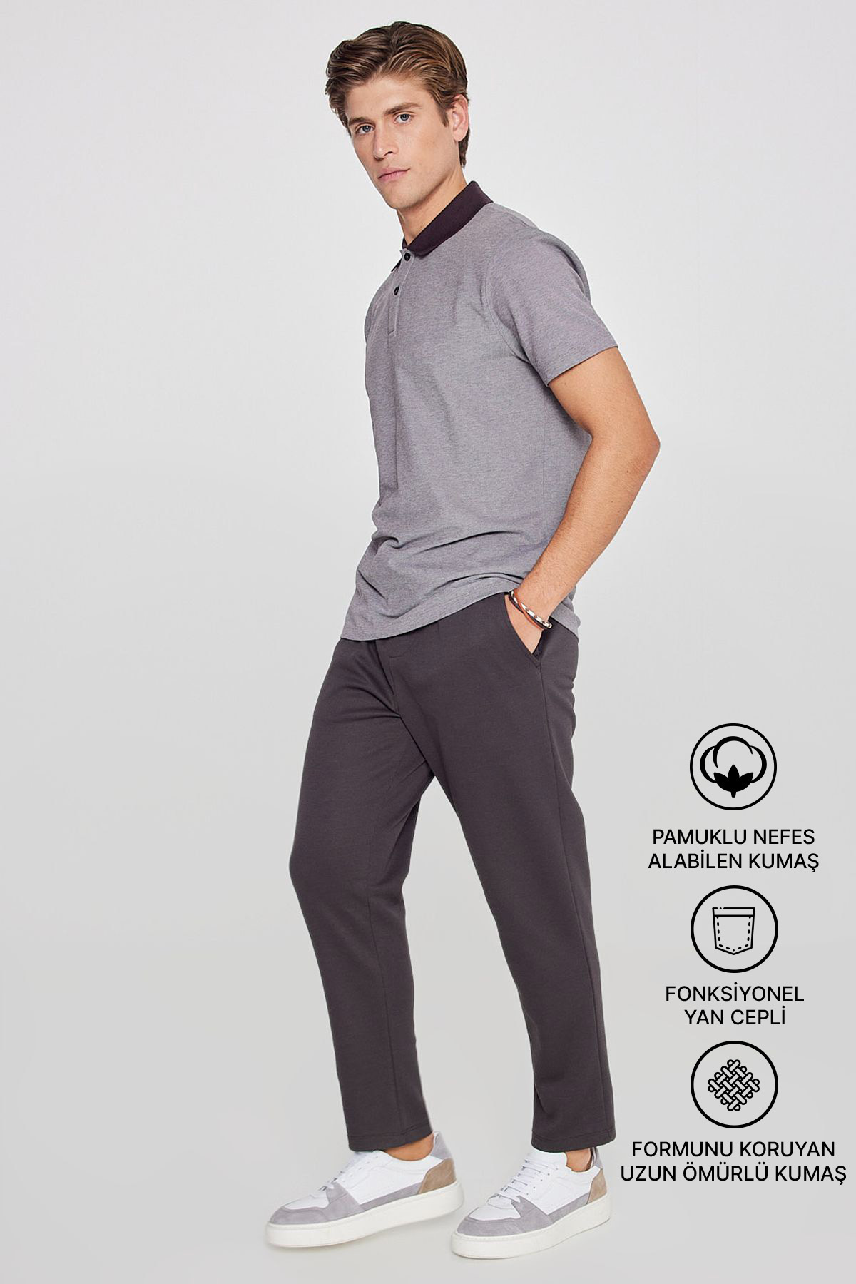 Men's Brown Cotton Elastic Waist Diagonal Pattern Jogger Pants Standard Fit