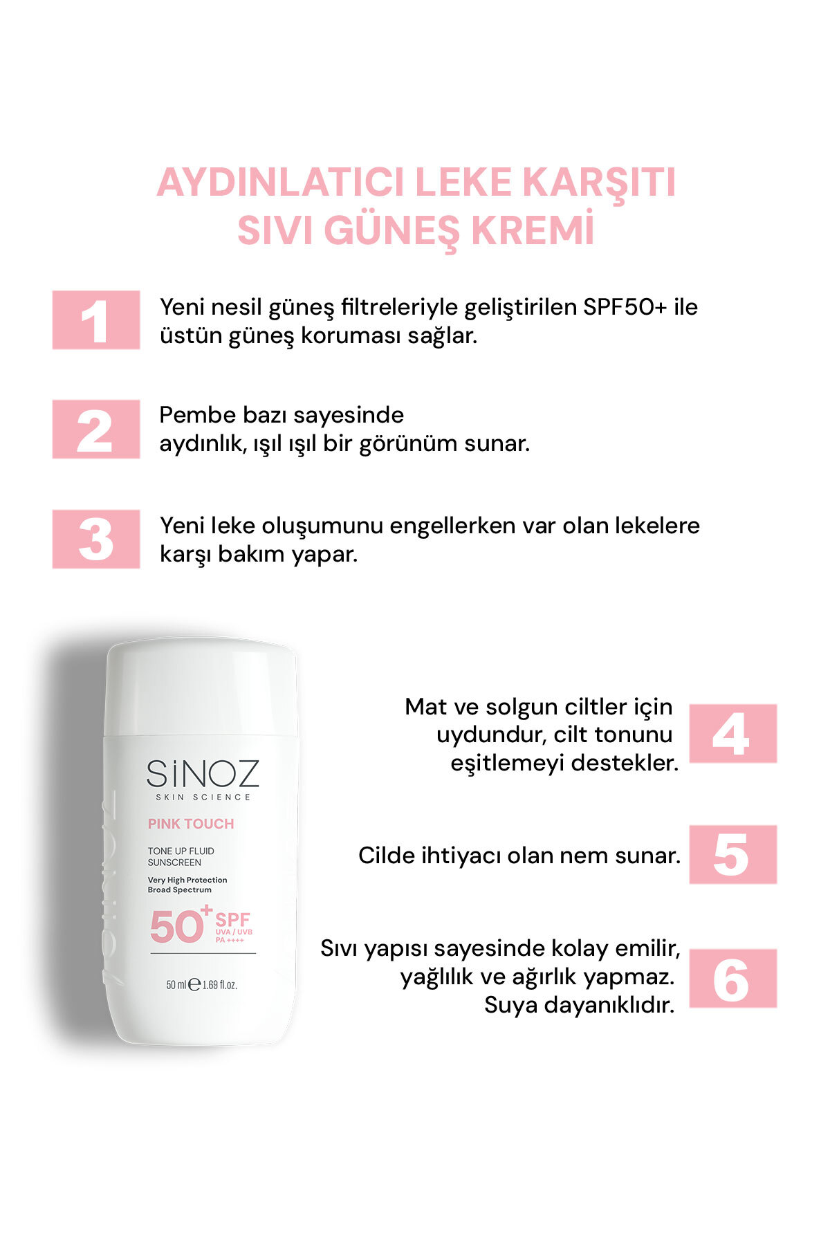 کرم ضد آفتاب مایع روشن کننده صورت SPF50+ پینک تاچ، فیلترهای نسل جدید، فرمول ترکیبی، 50 میلی لیتر - PA++++ — ST9214 — تصویر 3 از 8