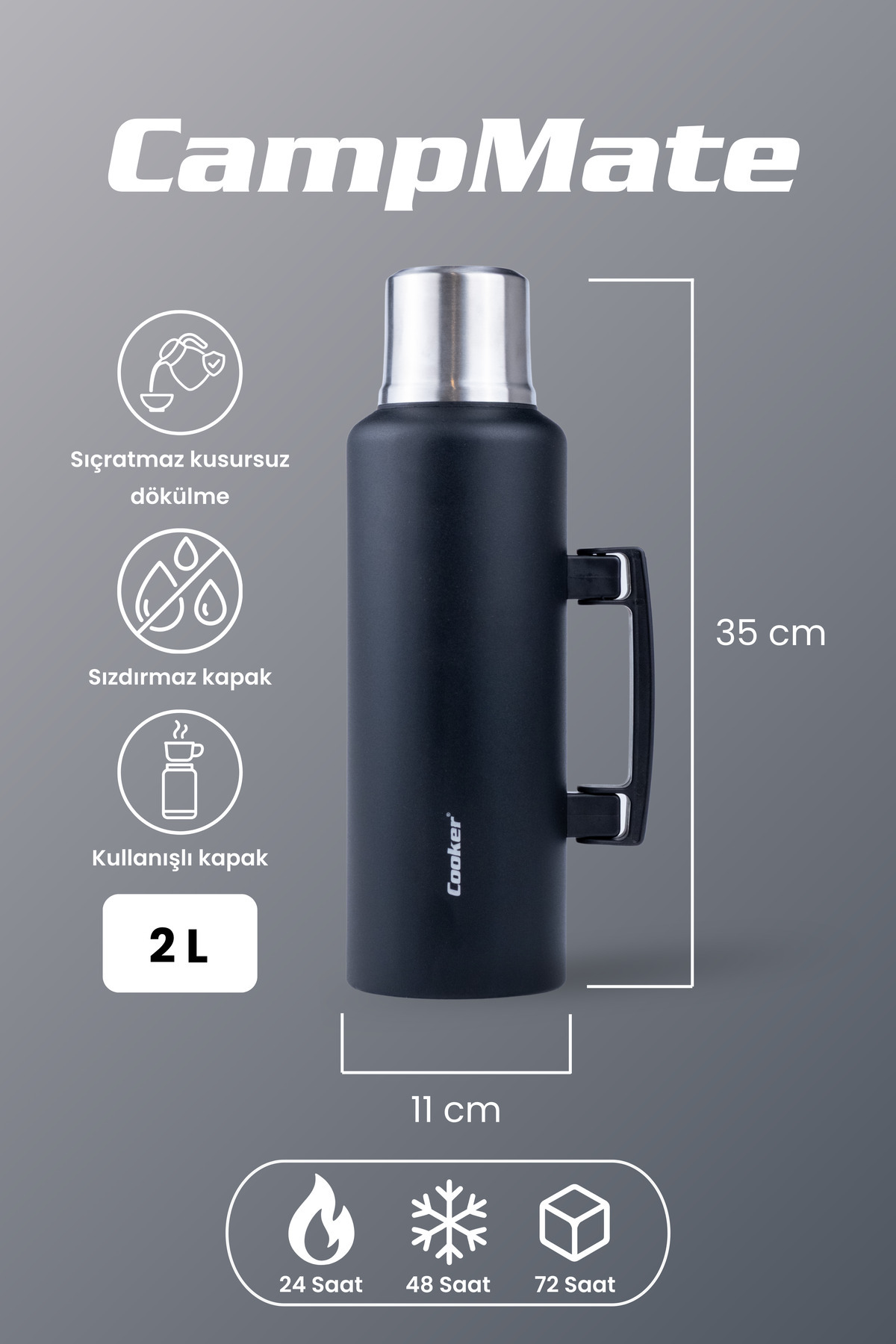 فلاسک Cooker کمپ میت 2 لیتر استیل ضد زنگ مشکی CKR2128 اورجینال - تصویر 3