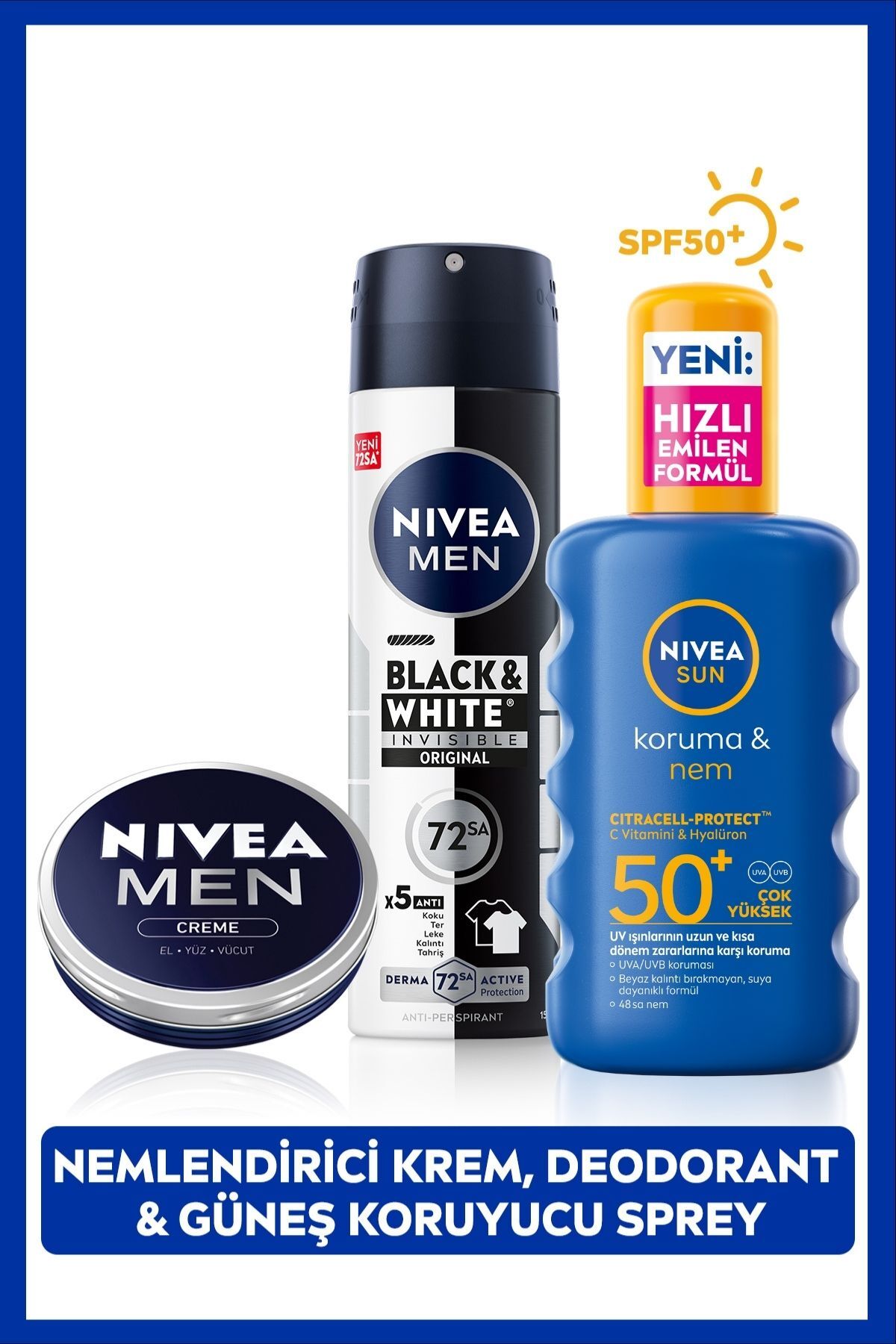 NIVEA SUN SPF50+ Güneş Koruyucu Vücut Spreyi 200ml, Erkek Sprey Deodorant ve Nemlendirici Bakım Kremi Seti — SET.NVE.918