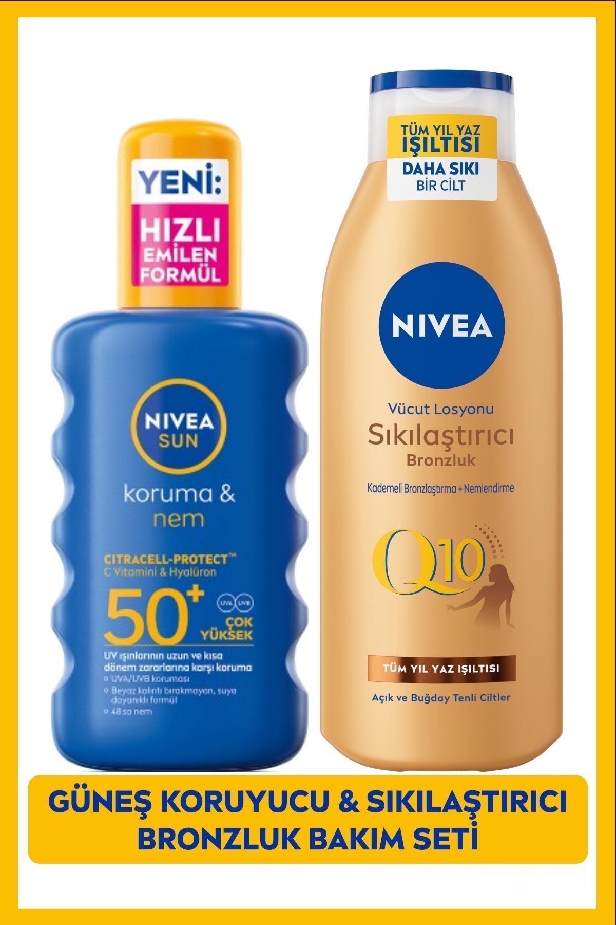 NIVEA SUN SPF50+ Güneş Koruyucu Vücut Spreyi 200ml ve Q10 Sıkılaştırıcı Bronzlaştırıcı Vücut Losyonu 250ml — SET.NVE.1232
