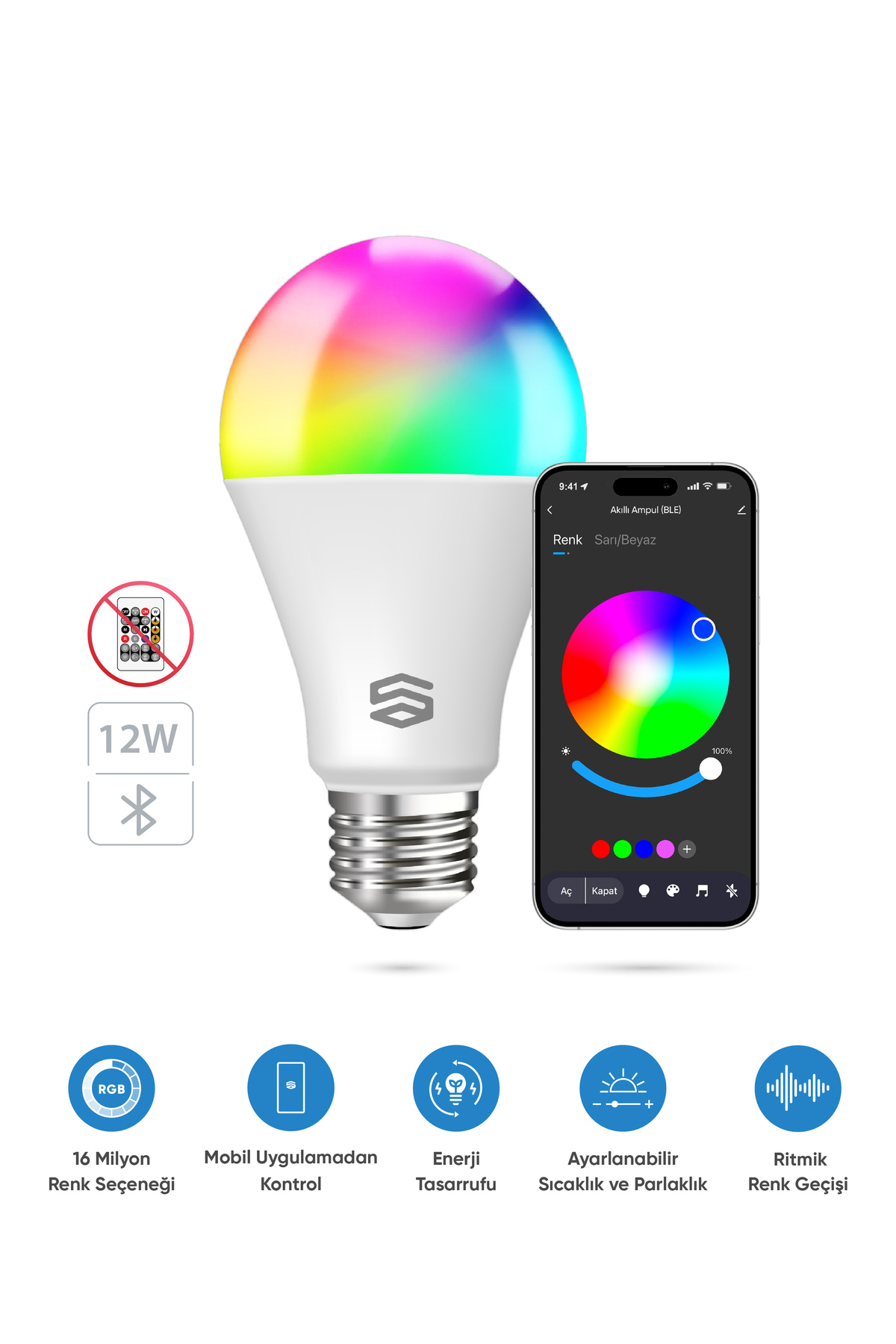 Smart Bulb Bluetooth 1100 Lumen High Brightness 16 Million Color Options