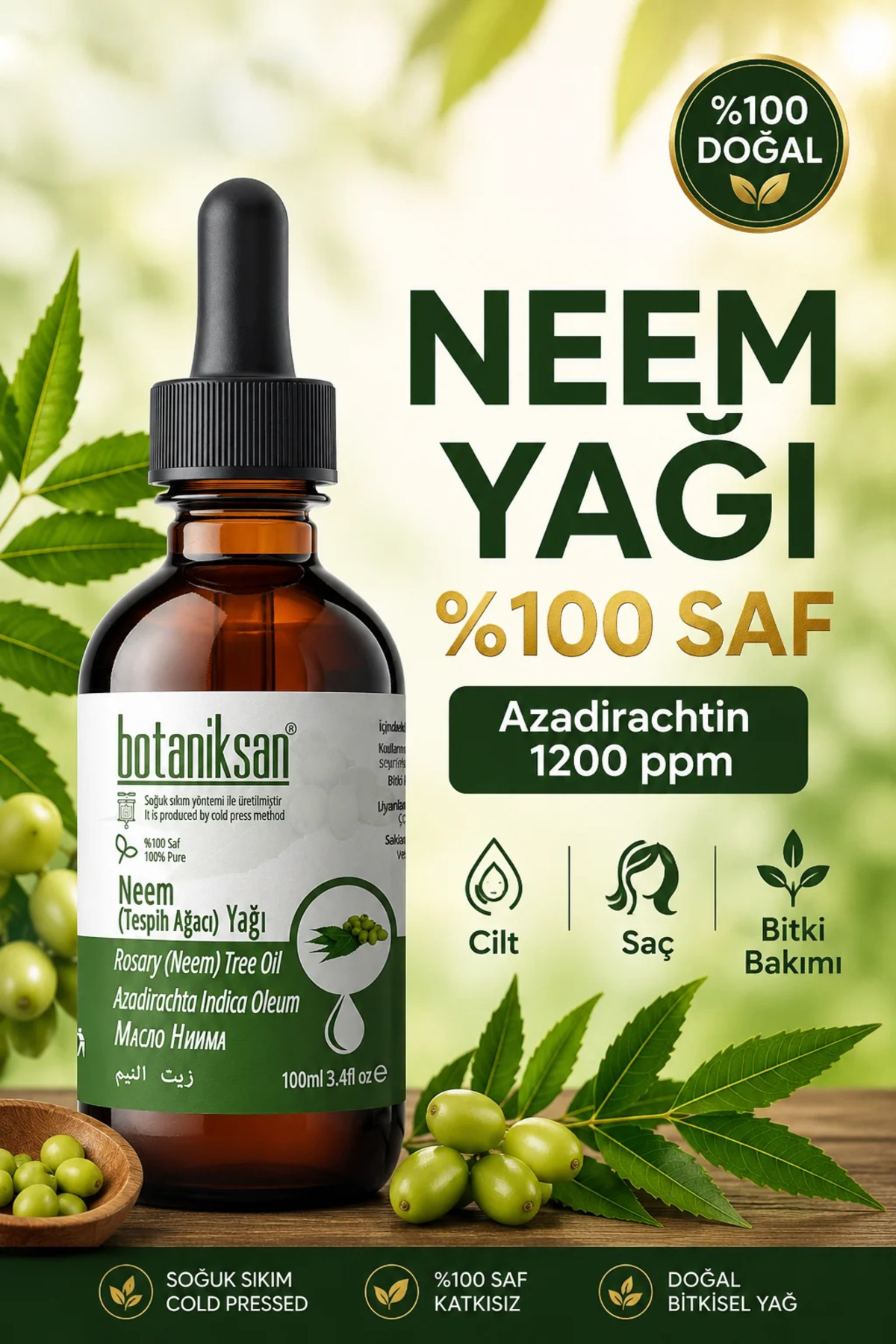 botaniksan Neem Yağı 100ml - Tesbih Ağacı Soğuk Sıkım, Cilt & Saç & Bitki Bakımı İçin %100 Saf — TESBIHAGACIYAGI100ML